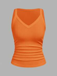 Slaydiva Women Light Orange Ribbed V-Neck Racerback Gathered Tank Top,Summer Casual Vacation Versatile Basic Solid Sleeveless Top For Dates,Party,Yoga,Beach-D - Burnt Orange - View 3