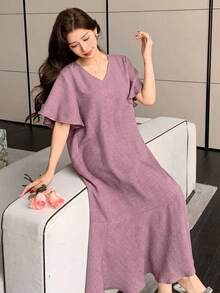 DAZY Solid Color Round Neck Ruffle Hem Mid-Length Dress For Women - Purple - View 2