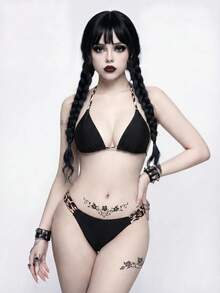 ROMWE Goth Maillot de bain bikini deux pièces sexy à imprimé léopard élégant, décontracté pour vacances, plage et soirée pour femmes - Noir - Voir 3