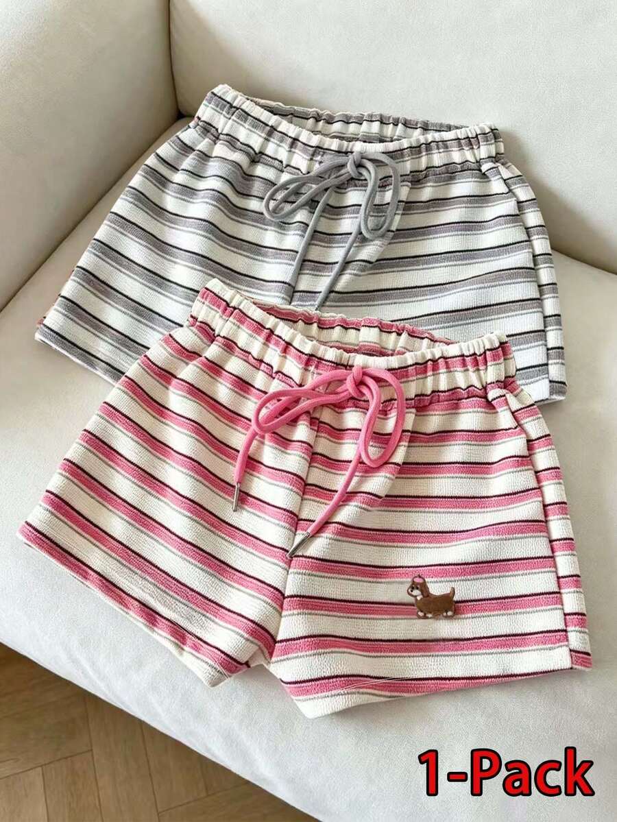 SuriyaCove Women's Puppy Embroidery Striped Contrast Color Drawstring Waist Shorts - Multicolor - View 1