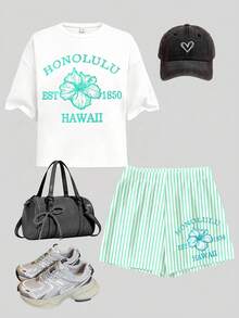 青少年女孩夏威夷木槿花與字母印花 T 恤短褲兩件套，綠色與白色，夏季街頭風度假休閒寬鬆套裝 - 彩色 - 查看 3