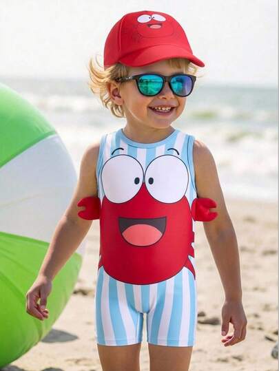 SHEIN Baby Boy/Girl Comfortable Cute Penguin Pattern Striped Crew Neck Sleeveless Zipper Romper Swimsuit With Penguin Print Hat 2-Piece Set, Suitable For Beach, Swimming, Vacation