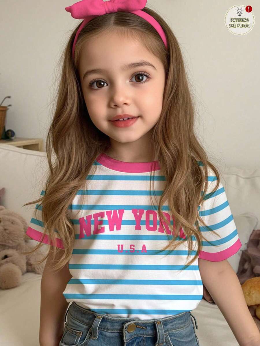 SHEIN 年轻女孩休闲简约蓝条纹“NEW YORK”英文文字撞色粉色返校学院风圆领短袖T恤适合女孩夏季校服返校服 - 彩色 - 查看 1