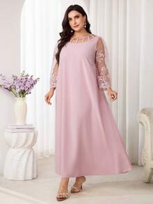 Al Najma Plus Size Women's Contrast Lace 3/4 Sleeve Elegant Arabic Style Dress - Dusty Pink - View 6