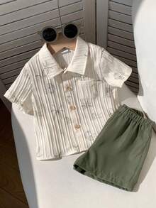 SHEIN 2件套男婴椰子树图案POLO领短袖上衣带口袋和短裤套装 - 彩色 - 查看 5