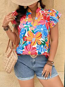 Breezaya Plus Size Women Floral Print V-Neck Ruffle Sleeve Blouse Beach Vacation White Summer Boho - Multicolor - View 6