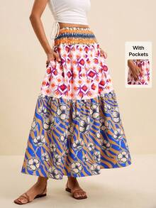 LOTSLUV Women's Blue And Pink Floral Print A-Line Skirt Suitable For Spring Summer Holiday Midi Elegant Boho Pockets Beach Picnic Festival Skirt - Multicolor - View 1