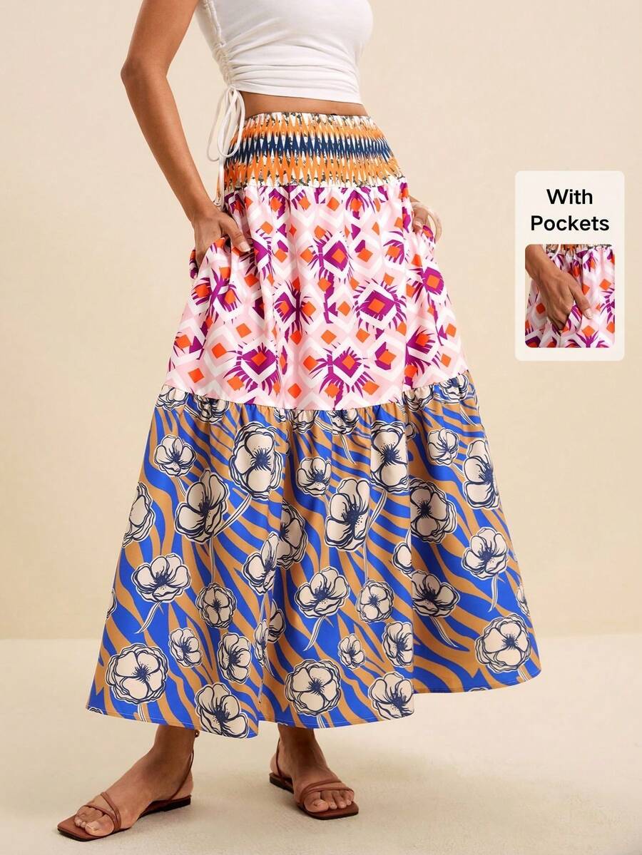 LOTSLUV Women's Blue And Pink Floral Print A-Line Skirt Suitable For Spring Summer Holiday Midi Elegant Boho Pockets Beach Picnic Festival Skirt - Multicolor - View 1