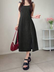 FRIFUL Women's Casual Sleeveless Denim Slit Dress For Summer Cute Tops - Dark Grey - View 4
