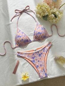Swim Mod Ditsy Floral Reversible Sweet & Cute Retro Elegant Casual Bikini Two Pieces Swimwear Set For Women, Suitable For Holiday Beach - Orange - View 2