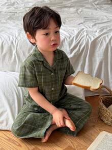 DAZY 两件套男童韩版格子领长袖衬衫和宽松裤子睡衣套装 - 橄欖綠 - 查看 5