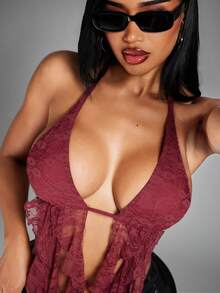 Radiana Women's Sexy Multi-Layer Lace Ruffle Deep V Neck Backless Halter Top, Suitable For Shopping, Gathering, Vacation, Beach, Date, Music Festival, Party - Burgundy - View 4