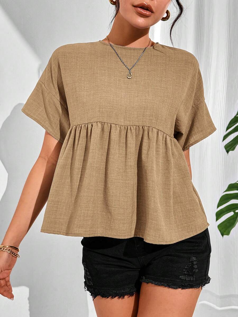 SHEIN Essnce 女士休闲荷叶边下摆衬衫,夏季百搭日常穿搭 - 卡其色 - 查看 1