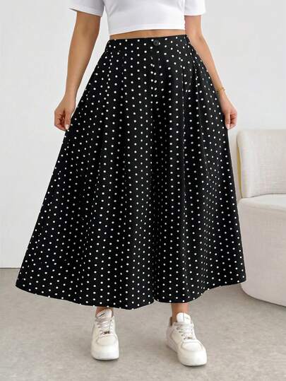 Shapeblank Plus-Size Women's Spring/Summer Fashionable Casual Loose Cool Comfortable Everyday Basic Versatile Slimming Elastic Waist Black Polka Dot Wide-Leg Pants Cropped Pants, Culottes,Women Bottom,Baggy Pants,Vacation Outfits,Simple Style,European Summer