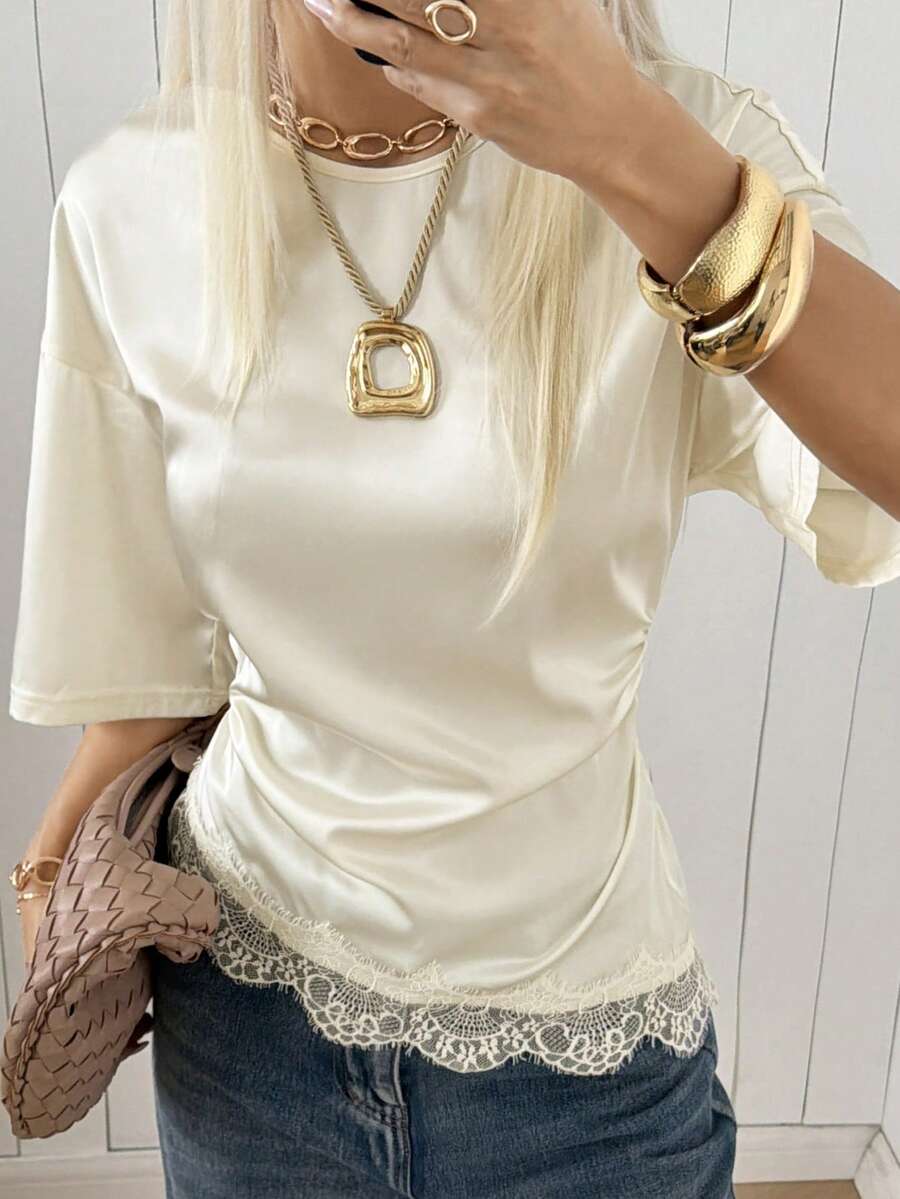 SHEIN EZwear Áo kiểu satin ren phối màu tương phản thanh lịch dành cho nữ, thích hợp cho mùa hè. - Màu be - Xem 1