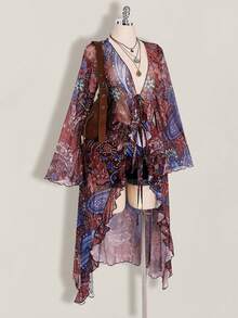 SHEIN ICON Plus Size Women Deep V-Neck Floral Print Casual Vacation Robe - Multicolor - View 3