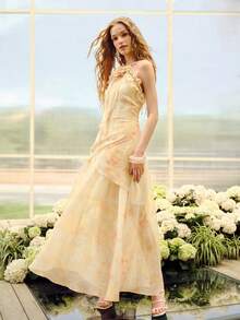MOTF PREMIUM Vestido feminino de chiffon com estampa floral tie-dye, decote nas costas e amarração frontal. - Luz amarela - Ver 6