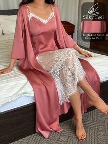 Livesso Women's Solid Color Long Sleeve Robe And Contrast Lace Camisole Dress Elegant Sleepwear Set Pajamas - Pink - View 1