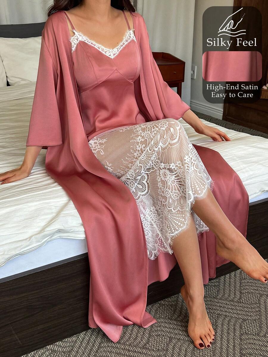 Livesso Women's Solid Color Long Sleeve Robe And Contrast Lace Camisole Dress Elegant Sleepwear Set Pajamas - Pink - View 1