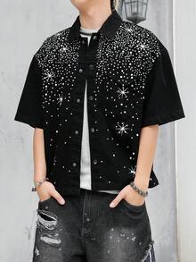 Manfinity EMRG Elegante top corto de mezclilla con estampado de gota estrellada - Negro - Ver 7