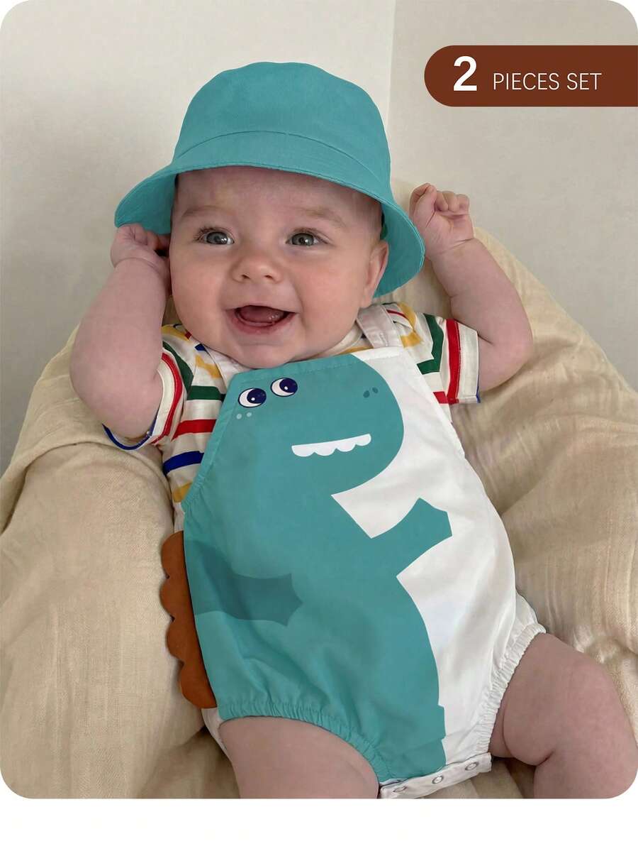 Set Baju Terusan Bayi Laki-laki Baru Lahir Motif Kartun Lucu, Rompi dan Kaos Lengan Pendek Bergaris - MultiWarna - View 1