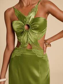 Travachic Women's Lace Patchwork Hollow-Out Satin Sexy Dress - Green - View 7