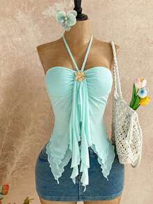 SHEIN Sparklyn Top camisole sans bretelles vert menthe élégant d'été pour adolescentes, top court sans manches à ourlet asymétrique à volants, chemisier transparent à col décoré de fleurs pour les vacances - Bleu azur - Voir 1