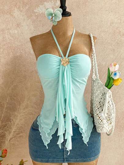 Áo hai dây màu xanh bạc hà mùa hè cho tuổi teen, áo vest ngắn không tay với viền xếp ly bất đối xứng, thích hợp cho kỳ nghỉ biển, mặc nhiều lớp hoặc mặc riêng, áo kiểu ôm sát cổ xuyên thấu với họa tiết hoa.