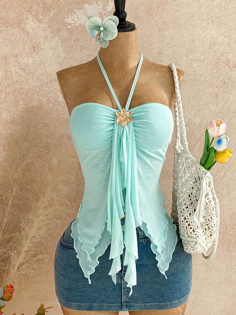 SHEIN Sparklyn Top camisole sans bretelles vert menthe élégant d'été pour adolescentes, top court sans manches à ourlet asymétrique à volants, chemisier transparent à col décoré de fleurs pour les vacances - Bleu azur - Voir 1