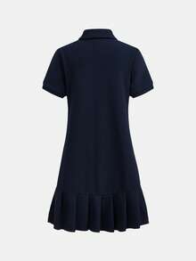 Girlism Kids Tween Girls Navy Blue And White Polo Collar Embroidered Pleated Hem Dress, Casual Collegiate Tennis Summer Back-To-School School - Royal Blue - View 2