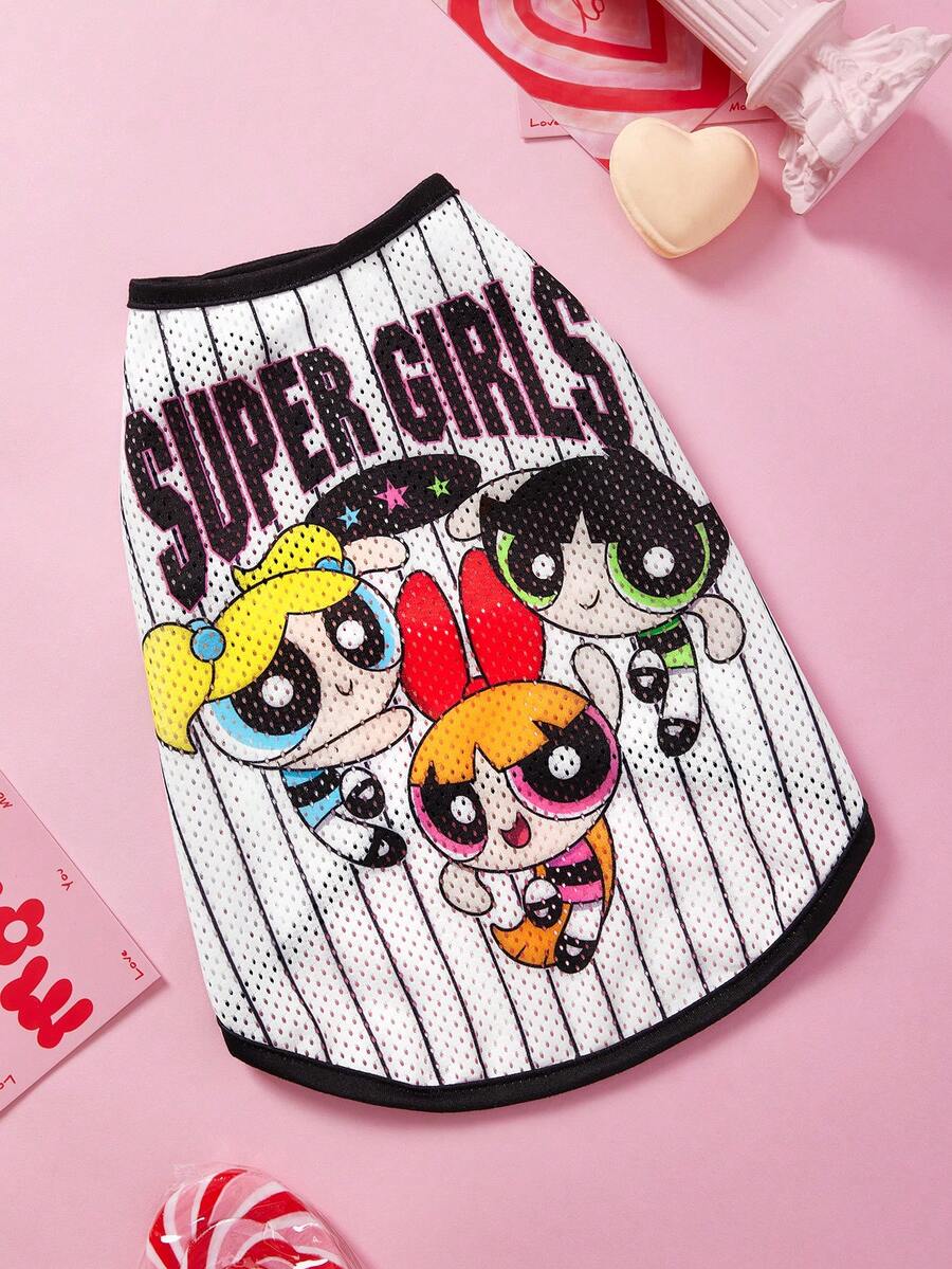 THE POWERPUFF GIRLS X SHEIN 1件可爱卡通印花网眼宠物背心,运动背心,猫狗通用,尺码从XXS到XXXXXL,从超小到超大,友谊、花朵、绒球、泡泡图案 - 白色 - 查看 1