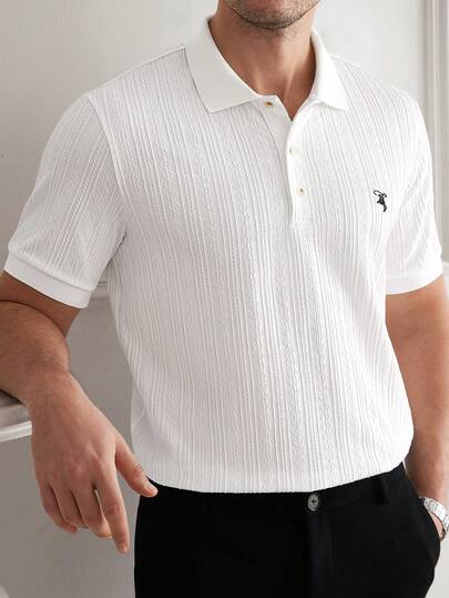 Manfinity Bizformal Áo polo nam tay ngắn dệt kim họa tiết hình học màu trơn, điểm nhấn thêu đen, phong cách thường ngày và công sở.