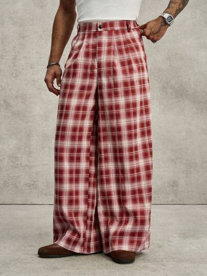 PAVTROS Men's Street-Style Popular INS Matching,Men's Plaid Pocket Wide Leg Loose Casual Pants With Embroidery Details,Stacked,Formal Pants,Streetwear,Warm Winter Outfits, Christmas Outfits,Boy Friend Gifts Plaid Pants Designer Pants Men Wide Leg Pants Men High Waisted Pants