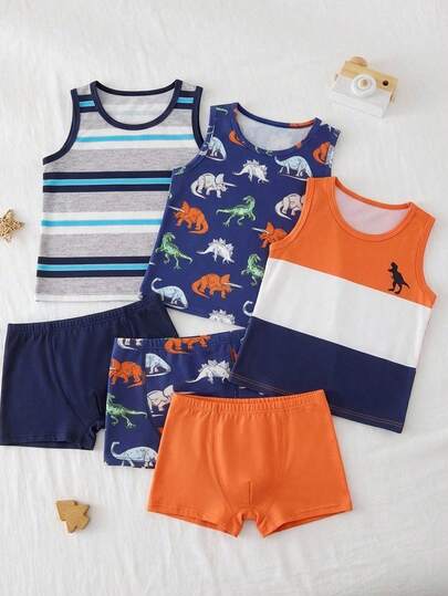 SHEIN This Six Pieces Set Of Boys' Simple Cartoon Print Comfortable Sleeveless Vests And Boxer Briefs Is Suitable For Students. Also Included Is A Six-Pack Of Boys' Dinosaur Print Comfortable Boxer Briefs.