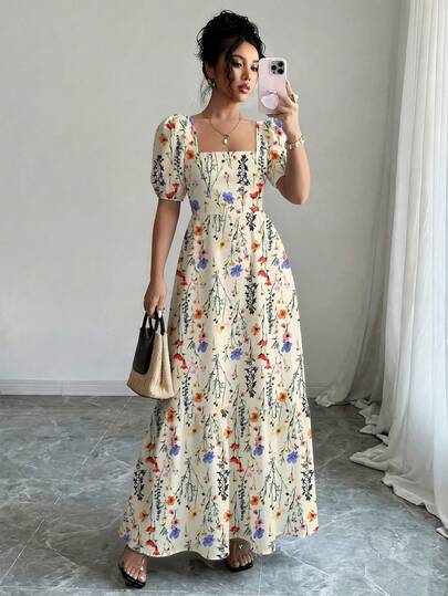 Rafferiza Women's Summer Floral Print Square Neck Short Sleeve Dress