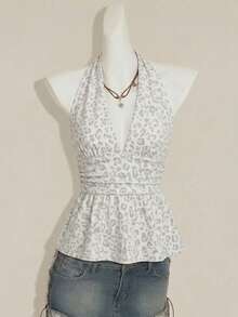 SHEIN ICON Áo hai dây nữ kiểu dáng thường ngày gợi cảm, cổ yếm, cổ chữ V sâu, xếp ly, dáng chữ A, hở lưng, họa tiết da báo, phong cách Y2K. - Nhiều màu - Xem 7