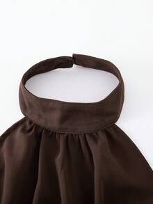 SHEIN Summer Brown Elegant Tight Party Chiffon Short Dress Set For Tween Girls,High-Neck Halter Backless Design,Double-Layer Ruffled A-Line Flowy Silhouette - Brown - View 7