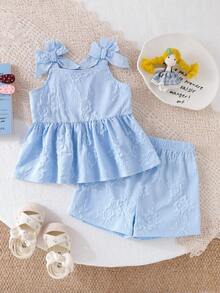 SHEIN 2件套女婴幼儿/新生儿0-3岁春夏休闲可爱度假蓝色花卉提花蝴蝶结装饰吊带背心+短裤套装，时尚设计 - 藍色 - 查看 1