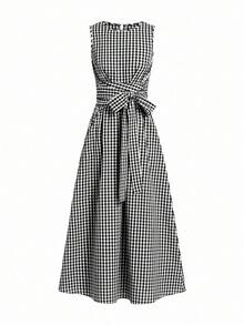 Vestido casual de verano para vacaciones y picnic con cuello redondo, cintura con lazo, bolsillo y sin mangas, holgado y informal, adecuado para varias ocasiones, uso casual y viajes - Blanco y Negro - Ver 6