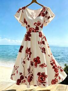 SHEIN Holidaya Spring Off-White Floral Midi Dress With V-Neck For Beer Fest Graduation Party Commuting Beach Vacation & Other Occasions Women's Casual Dress - Apricot - View 4