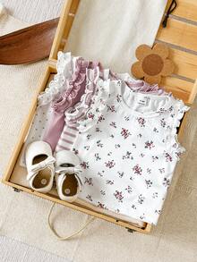 SHEIN Vintaside Kids 3 Stück/Set Baby Mädchen Sommer Casual Süß Bequem Elastisch Tops Einfarbig Rosa Apricot Gestreift Rüschen Ärmel Weste Weiß Blumen Familie Passend - Pink - Übersicht 6