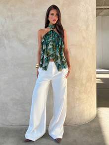 Aloruh Áo tank top ôm dáng cổ đứng nhiều lớp, viền bèo nhún, thanh lịch dành cho nữ - Màu xanh lá cây đậm - Xem 3