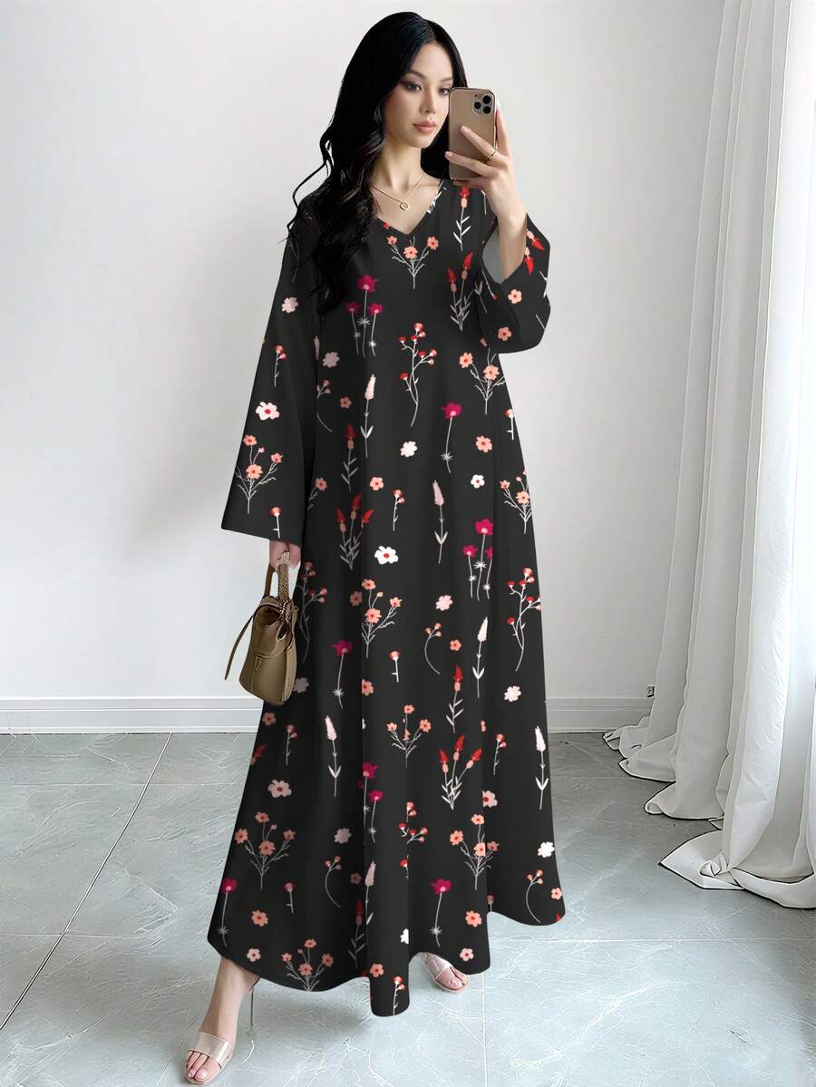SHEIN Najma 黑色碎花连衣裙,女士时尚V领长袖连衣裙,优雅阿拉伯风格服装,春夏优雅长款连衣裙 - 彩色 - 查看 1