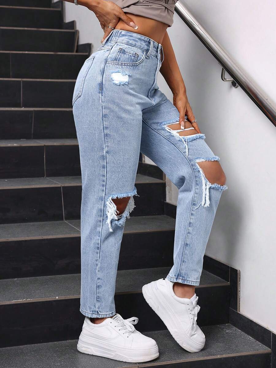 SHEIN ICON Plus Size Solid Color Distressed Slant Pocket High Waist Jeans - Blue - View 1