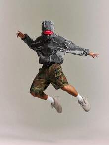 CRAVYNX 男士休闲拼接破洞连帽拉链牛仔夹克，街头风破洞宽松夹克，送给男友/老公的完美节日礼物，Y2K赛博朋克超大街头风，秋季 - 深灰色 - 查看 3