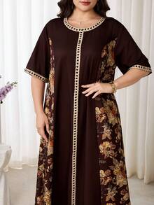 Al Najma Damen Große Größen Kleid mit Blume Muster, Rundhalsausschnitt, Kurzarm, im arabischen Stil - Verschiedenfarbig - Übersicht 7