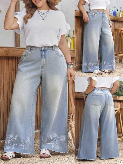 EMERY ROSE Jeans rectos de pierna sin estiramiento de color azul claro bordado, cómodos y casuales para mujer de talla grande