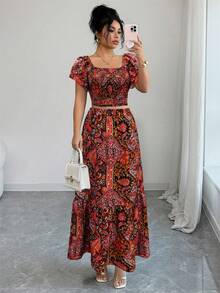 Elenzga 女士优雅时尚通勤休闲舒适迷人复古浪漫假日荷叶袖方领露脐上衣和A字迷你裙两件套 - 紅色 - 查看 5