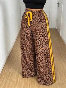 Maweii Plus Size Women's Casual Leopard Print Contrast Trim Waist Tie Bow Straight Leg Pants, Fashionable Design, Versatile, 2025 New Arrival Fall - Multicolor - View 3