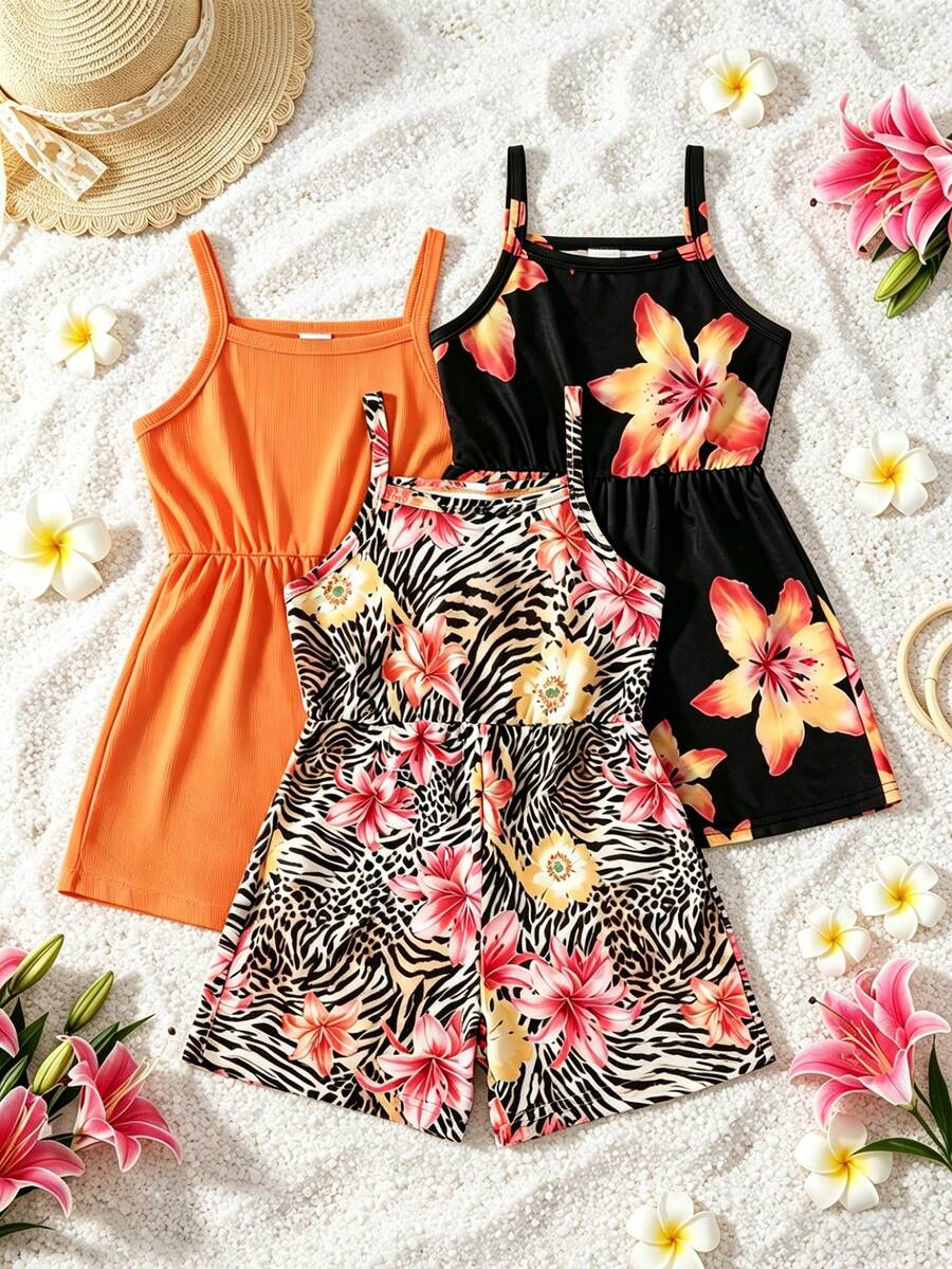 SHEIN Bộ 3 món áo liền quần và quần short in hoa mùa hè cho bé gái, trang phục thường ngày tối giản, đa năng, phù hợp cho hoạt động ngoài trời, sự kiện, tiệc tùng và mặc hàng ngày. - Nhiều màu - Xem 1